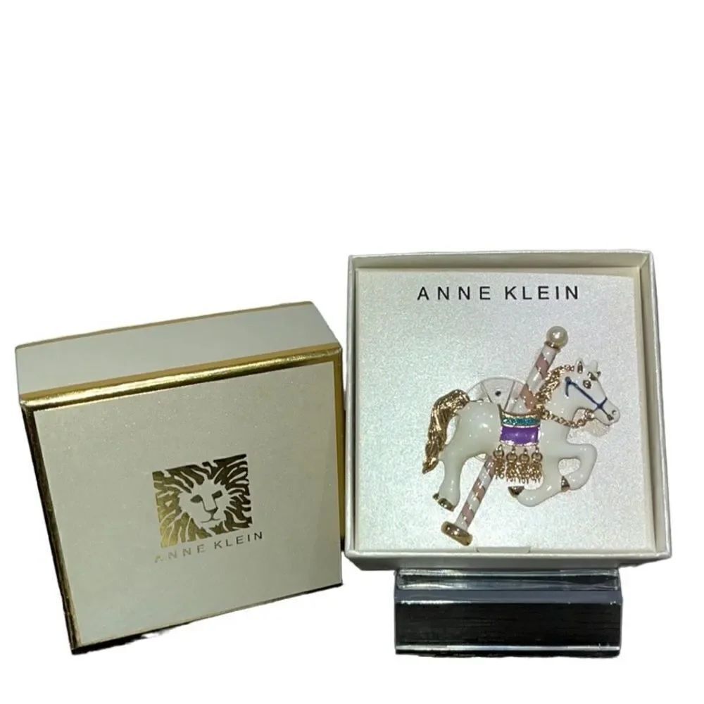 Anne Klein Gold-Tone Pave & Imitation Pearl Glitter Carousel Horse Pin